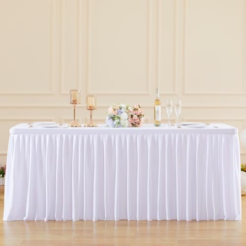 Wish Care White Polyester Table Clothes for 4 Foot Rectangle Tables, Wrinkle Free Fitted Table Cover with Pleated Ruffle Table Skirt for Birthday Party Wedding Trade Show Event Display - Image 4