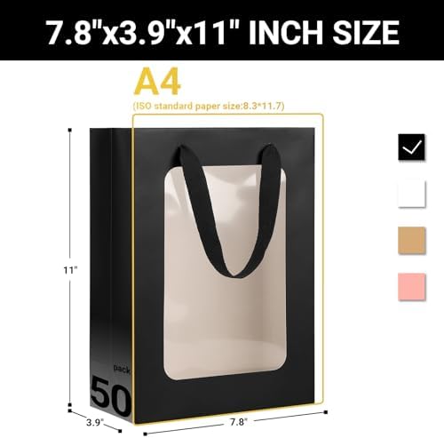 EUSOAR Black Clear Transparent Paper Gift Bags With Handles, 50pcs 7.8"x3.9"x11" - Treat Thank You Shopping Bags With Window for Wedding, Bridal Party Favor, Baby Shower - Image 2
