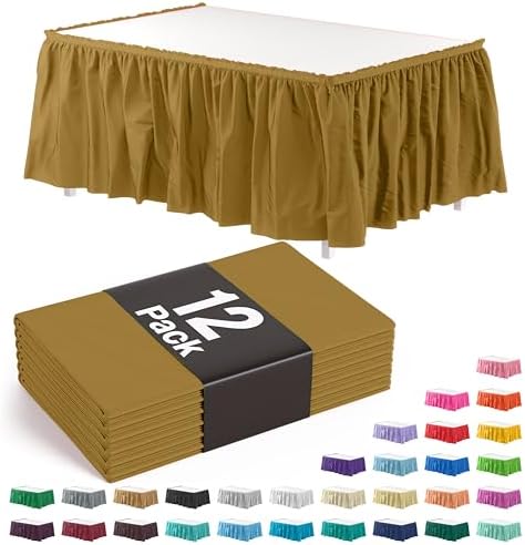 Exquisite Gold Table Skirt 12 Pack - Disposable Plastic Table Skirts for Rectangle Tables 6ft 8ft & Round Tables - 29in x 14ft Self-Adhesive Strip - Birthday Wedding Gender Reveal Decor by Exquisite