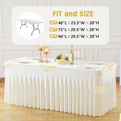 Besutolife Ivory Table Skirt 8ft Spandex Tablecloth for Rectangle Table Banquets Parties Wedding Dining Table 8ft - Image 3