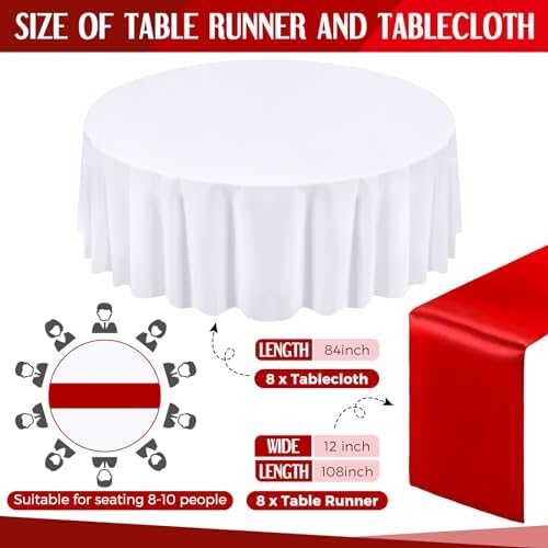 Tudomro 16 Pcs White and Red Round Tablecloth and Satin Runner Set - Image 2