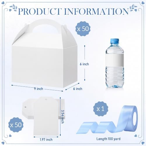 Maitys 50 Set Large Gable Boxes with Handle, Ribbon, Tag, White,Light Blue - Image 2