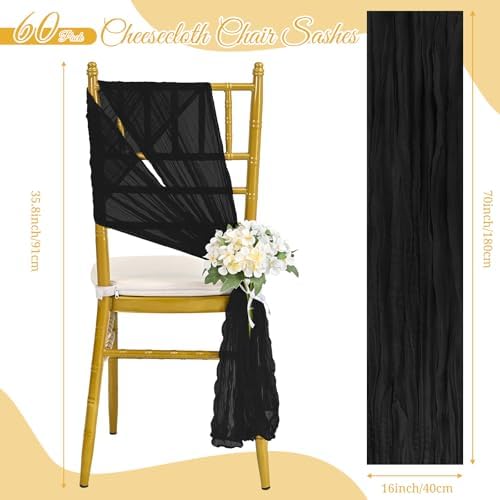 60 PCS Black Cheesecloth Chair Sashes, 16 x 70 inch Cheesecloth Sashes Rustic Chair Decorative Bows Designed ChairCover for Wedding Banquet Party Aisle Home Kitchen Decoration - Image 2