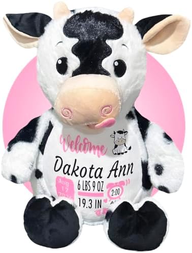Birth Stat Stuffed Animal - 17" Birth Announcement Stuffed Animals - Personalized Baby Gifts - Baby Shower Keepsake - Birth Information Plush - Removable Cover (Cute Cow) - Image 2