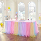 167in Rainbow Tulle Table Skirts for Rectangle Tables 6/8ft, 2-Layer Pastel Color Unicorn Ruffle Tulle Tutu Cloth Table Skirt 14ft for Girl Birthday Party Baby Shower Cake Dessert(No Table Cover) - Image 2