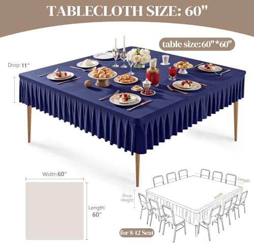Wish Care Navy Blue Spandex Tablecloths for 60x60 Inch Square Tables, Stretch Fitted Table Clothes with Pleated Ruffle Skirt for 60” Table, Wrinkle Free and Elastic, for Party Kitchen Home Dining - Image 2