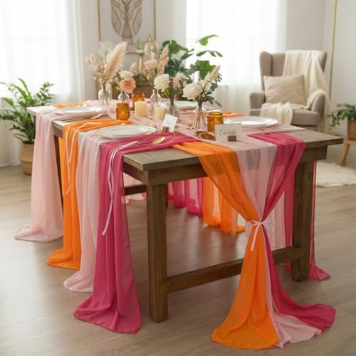 Boao 12 Pcs Red Pink Orange Sunset Party Decorations Chiffon Table Runners - Image 6