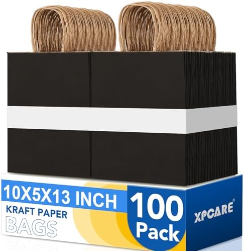 XPCARE Black Large Paper Bags, 100 Pcs 10x5x13 Paper Gift Bags with Handles by XPCARE