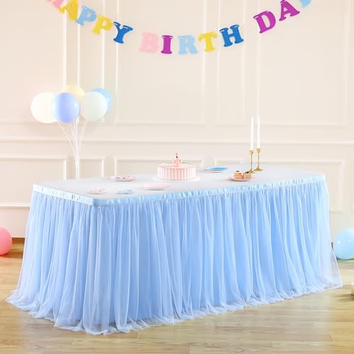 Suppromo 14ft Baby Blue Tulle Table Skirt for Baby Shower Boy Light Blue Tutu Table Cover for Birthday Party Baby Shark Gender Reveal Boy Elephant Theme Cake Table Decorations - Image 4