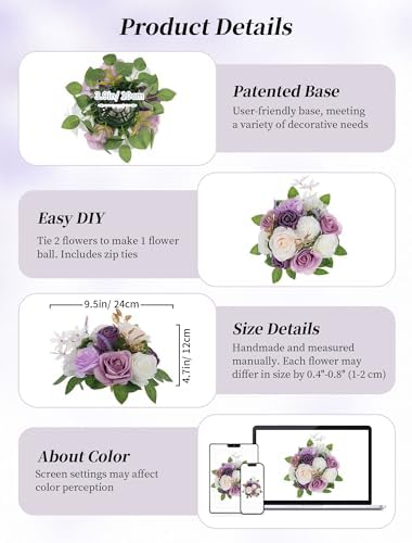 BLOSMON Fake Flowers Ball Centerpiece for Wedding Table, 2 Pcs, Lilac White - Image 5