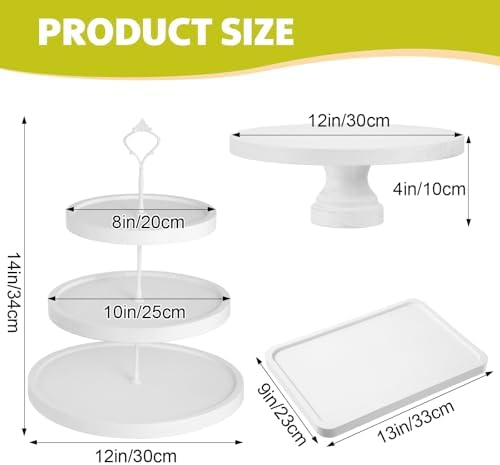 RattanView 7 Pcs Wooden Dessert Display Set 3 Tier Stands Trays, White - Image 2