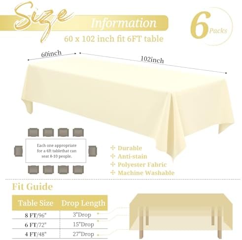 Showgeous 60x102 Inch Beige Rectangle Tablecloth 6 Pack Fit 6FT Table - Image 2