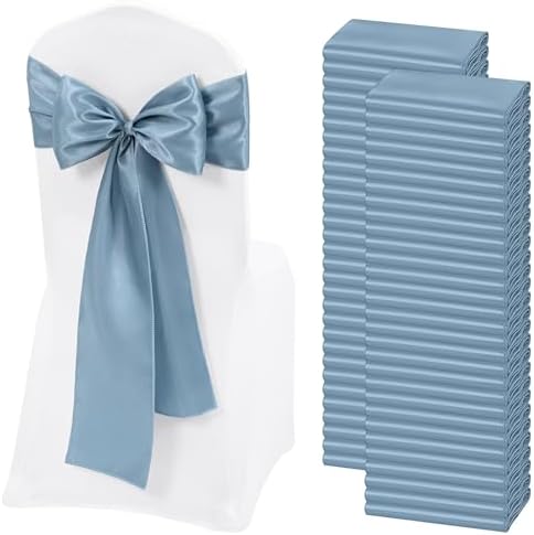 60 PCS Dusty Blue Satin Chair Sashes, 7 x 108 Inch by REWOMC