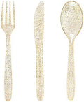 WDF 360 Gold Plastic Silverware - Disposable Gold Glitter Cutlery - Plastic Silverware inluding 120Forks, 120 Spoons, 120 Knives for Wedding/Baby Shower/Birthday by WDF