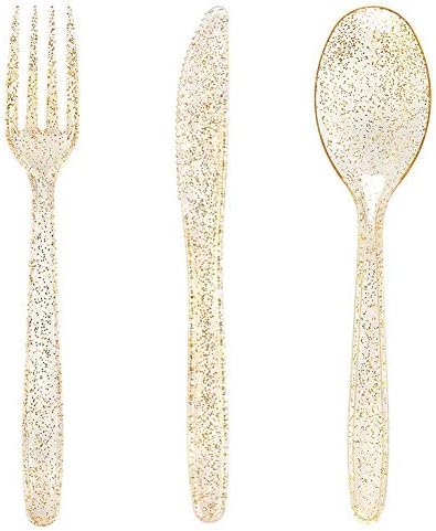 WDF 360 Gold Plastic Silverware - Disposable Gold Glitter Cutlery - Plastic Silverware inluding 120Forks, 120 Spoons, 120 Knives for Wedding/Baby Shower/Birthday by WDF