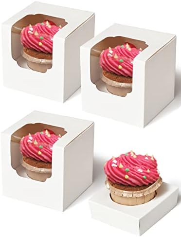 Happyhiram 100 Pack Individual Cupcake Boxes with Inserts & Window, White by HappyHiram