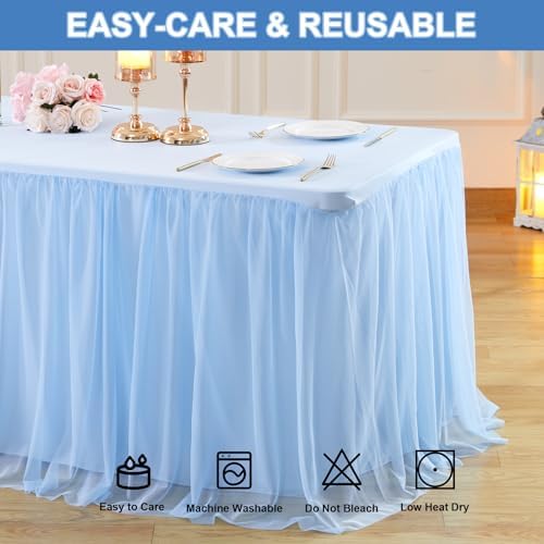 Wish Care Baby Blue Tulle Tablecloth for 8 Foot Rectangle Tables Wrinkle Free Light Blue Table Cloth Tutu Desk Skirt 8ft Stretch Ruffle Table Cover for Boy Birthday Baby Shower Party Cake Tablecloth - Image 6
