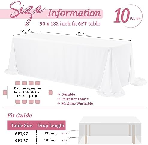 Showgeous 90x132 Inch White Rectangle Tablecloth 10 Pack Fit 8FT Table - Image 2