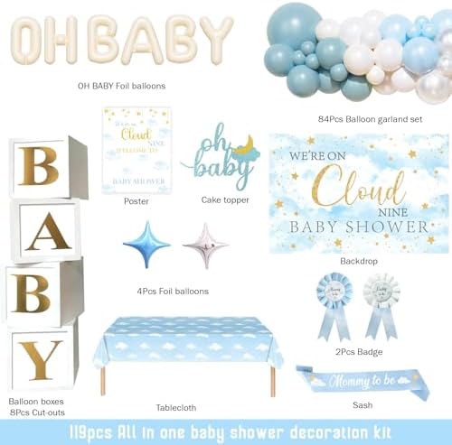 Cloud Baby Shower Decorations – 119 PCs on Cloud 9 Baby Shower Party Supplies with Backdrop, Balloon Garland, Tablecloth, Balloon Boxes, Cake Topper, Boxes, Sash, Badges, Poster - Image 2