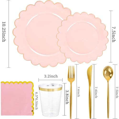 LIYH 210pcs Pink Gold Scalloped Plastic Plates, Elegant Party Dinnerware - Image 3