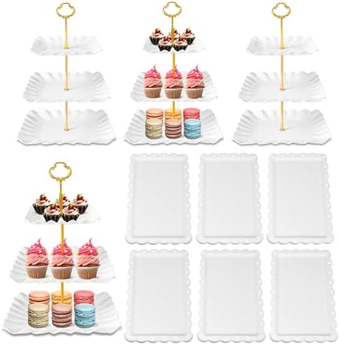 10 Pack Dessert Table Display Set, 4 Three-Tier Square Cupcake Stands and 6 Serving Trays for Cakes, Cupcakes, Pastries and Snacks, Baby Shower Decorations, Bridal Shower, Birthday, Wedding Party by DIDROOM