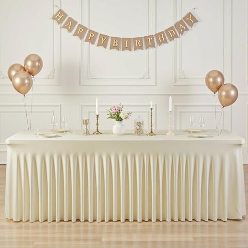 2 Pack 6ft Beige Spandex Tablecloths for Rectangle Tables Wrinkle Free Beige Rectangle Table Cloth Stretch Fitted Table Cover with Skirt for Wedding Birthday Party Banquet Baby Shower Buffet Event - Image 4