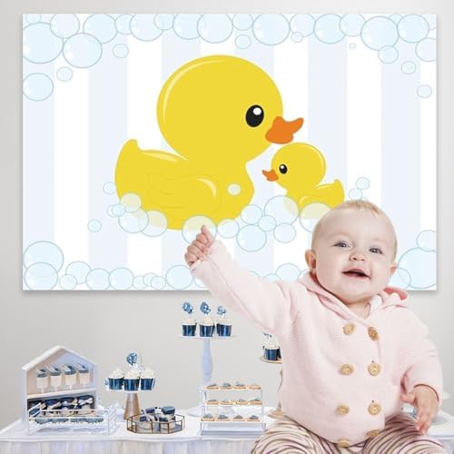 Duck Photo Backdrop Rubber Duck Baby Shower Backdrop Yellow Rubber Ducky and Bubbles Background for Photography Kids Baby Shower Newborn Birthday Party Decoration Cake Table Banner 12x6ft - Image 4