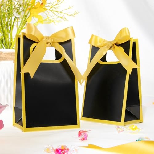 AmazingSpark 50 Pcs Black Gold Mini Gift Bags Bulk 6.3 x 3.9 x 2.8 Inch Party Favors Elegant Small Gift Bags with Handles and Ribbon Bows for Wedding Birthday Bridal Baby Shower Party Favors - Image 2