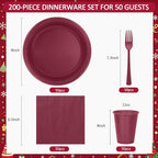200pcs Burgundy Plastic Plates Party Supplies, Disposable Maroon Plates and Napkins, 9" Dinner Plates, Napkins, Cups & Cutlery Plastic Dinnerware Set for Birthday, Wedding, Christmas, Serves 50 Guests - Image 2