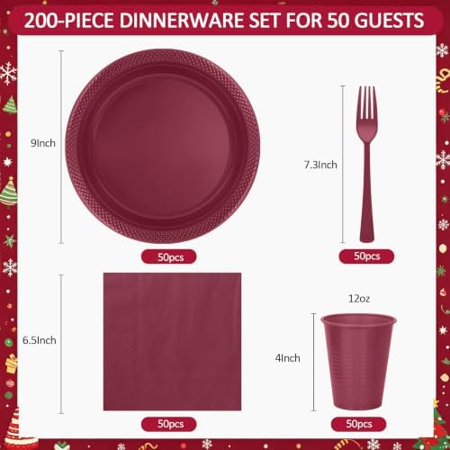 200pcs Burgundy Plastic Plates Party Supplies, Disposable Maroon Plates and Napkins, 9" Dinner Plates, Napkins, Cups & Cutlery Plastic Dinnerware Set for Birthday, Wedding, Christmas, Serves 50 Guests - Image 2