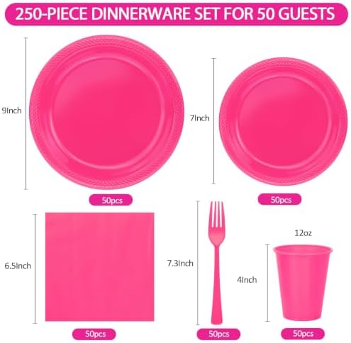 250Pcs Hot Pink Plastic Party Plates and Napkins Set for Birthday, Wedding - Image 2