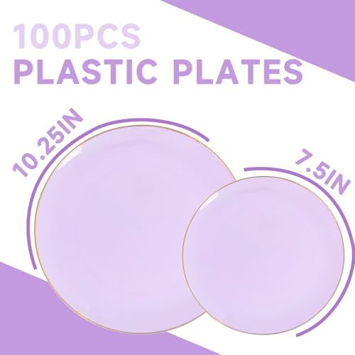 PULOTE 100PCS Purple Plastic Plates Disposable - Include 50 Dinner / 50 Dessert Plates Heavy Duty for Party, Wedding&Birthday - Image 2
