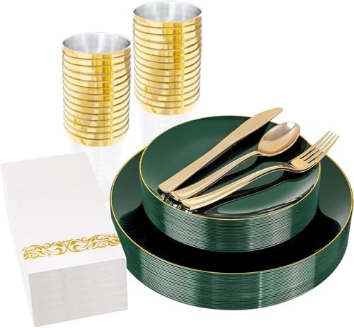 YOUBET 175PCS Green Plastic Plates with Gold Rim for Wedding Party by YOUBET