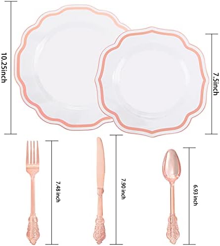 NOCCUR 150PCS Rose Gold Plastic Plates&Rose Gold Silverware-Include 30Dinner Plates, 30Salad plates, 90 Disposable Rose Gold Utensils- Ideal for Weddings/Party/Mother's Day - Image 3