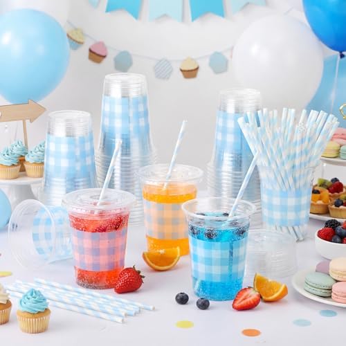 Sliner 50 Sets 16oz Light Blue White Gingham Party Plastic Cups - Image 6