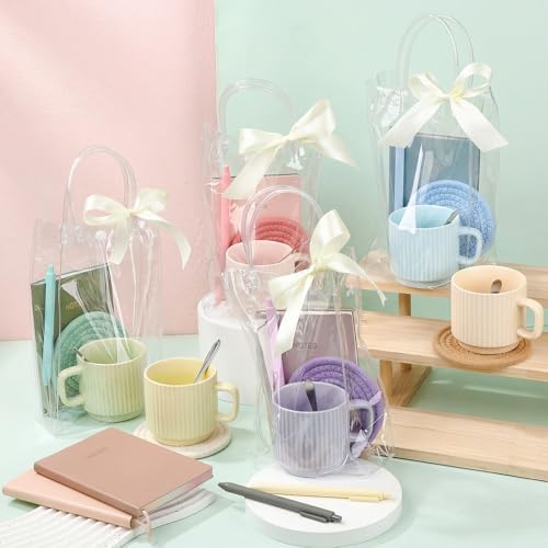 36 Pcs/6 Sets Baby Shower Prizes for Winners Include Ceramic Mugs with Spoons Woven Coasters Notebooks with Pens Clear PVC Gift Bags for Bridal Shower Party Favors(Morandi) - Image 5