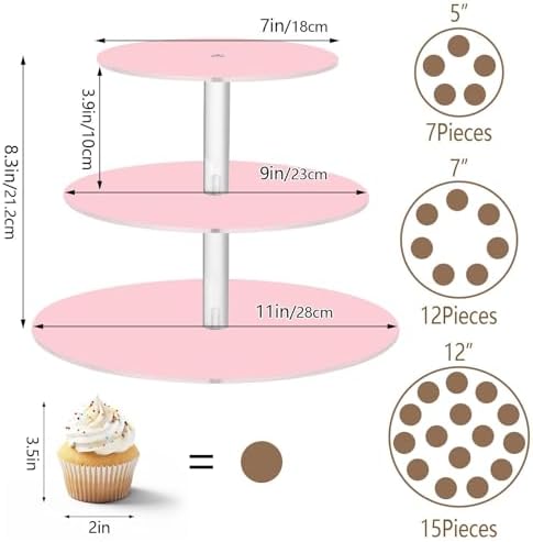 J JOYSAY Pink Print Acrylic Cupcake Stand 3 Tier Dessert Table Display Set Clear Cake Stands for Baby Shower Wedding Party Decorations Easy Assembly Macaron Tower - Image 3