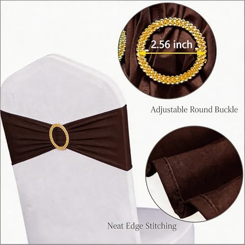 Pack of 50 Brown Chair Sashes with Gold Buckles Spandex Chair Bands Bows - Image 3