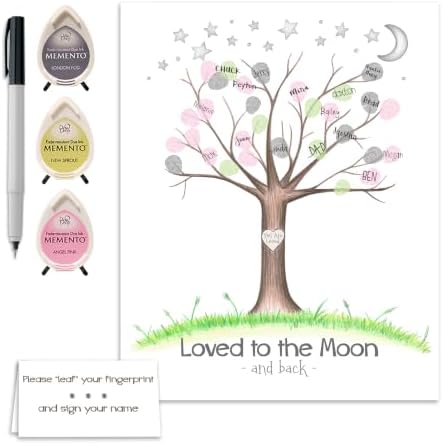 Girl's Star and Moon Theme Baby Shower Fingerprint Tree Set, 8.5x11 Inch by MeganHStudio
