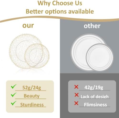U-QE 60PCS Gold Glitter Plastic Plates, Beaded Plates Disposable Heavy Duty - Image 4