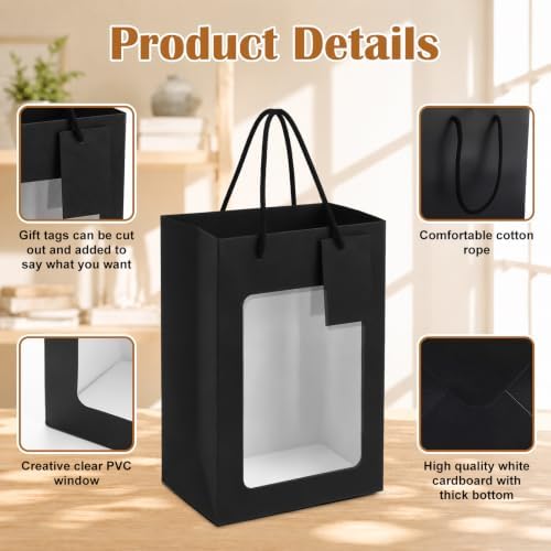80 Pcs 9.8 x 5.1 x 7.1 in Black Kraft Paper Gift Bags with Window & Handles - Image 2