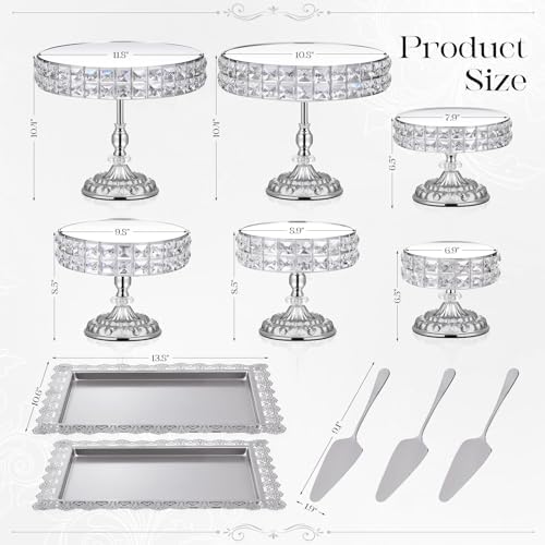 12-Piece Silver Cake Stand Set, Vintage Cake Stand with Crystal Edge and Cupcake Display Tray, Dessert Table Display Set for Wedding, Party, Baby Shower, Anniversary Celebration - Image 3