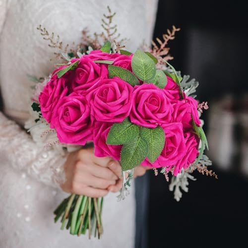 100 Pcs Artificial Rose Flowers, Hot Pink - Image 5