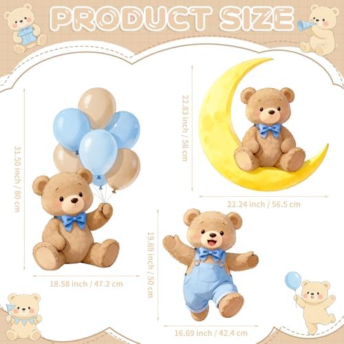 3Pcs Blue Bear Baby Shower Decorations, Large Moon Bear Cardboard Cutout Standup with Yard Stakes & Stands for Boy Bear Birthday Indoor Outdoor Photo Booth Props Cartoon Party Supplies - Image 3