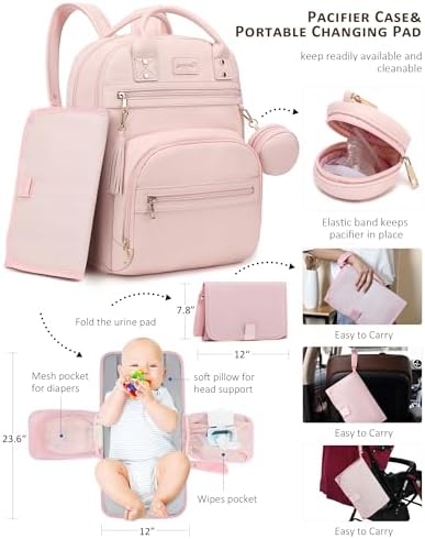 ROSEGIN Premium Vegan Leather Diaper Bag Backpack with Waterproof Changing Pad, Reinforced Zippers & Odor-Free, 20 Pockets Pro Organizer, Fits 15.6" Laptop, Stroller Straps, Baby Bag for Mom, Pink - Image 3