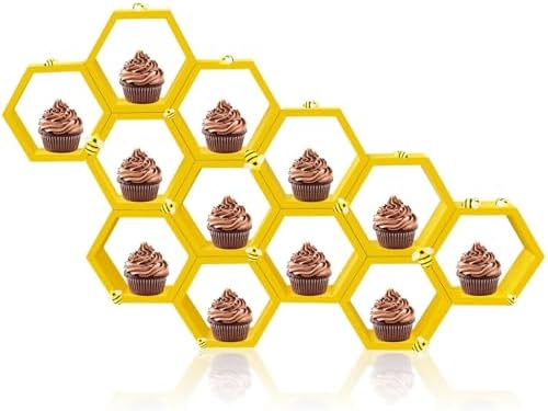 12 Pcs 4.13 Inch Honeycomb Cupcake Stand Cake Farmhouse Hexagon Display Holder Hexagonal Wood Cupcake Stand Floating Table Sign with Wooden Bee for Baby Shower Birthday Party Table Decorations by Denylopro