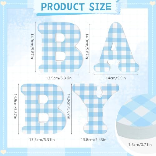 4 Pcs Blue Plaid Baby Shower Decorations Wooden 3D Baby Letters, 6 inch Blue Gingham Theme Wooden Blocks for Party Decor, Rustic Centerpiece for Gender Reveal Birthday Nursery Decor - Image 2