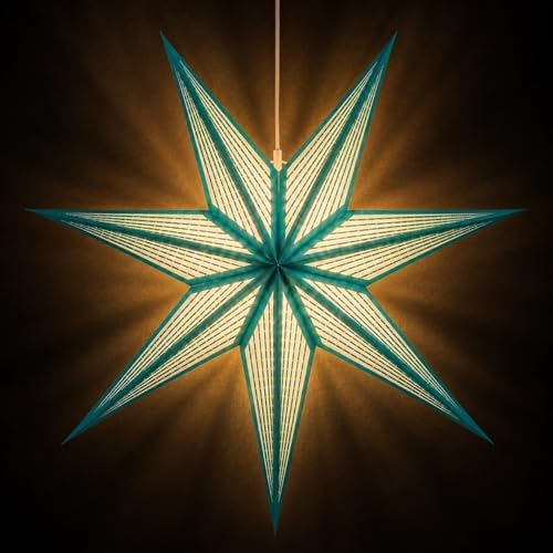 GalaxyArts 7-Point Paper Star Lantern - Striped Cutout Hanging Light Decoration - Foldable Star Lamp Shade for Home, Party, Christmas, Wedding Décor - Indoor/Outdoor Hanging Star(Turquoise) - Image 2