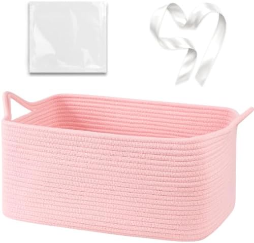 OIASKET Large Empty Cotton Rope Gift Basket with Handles, 18.9"x13.8"x7.8" Decorative Woven Storage Basket with Gift Bag and Ribbon Set for Baby Shower, Toy Organizer for Kids, Dogs & Cats - Pink by OIASKET