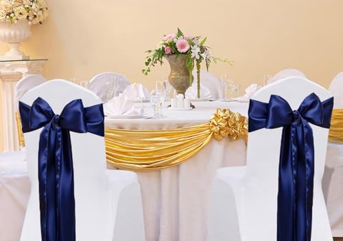 Pack of 50 Satin Navy Blue Chair Bows Sashes 7 X 108 Inch Universal Navy Chairs Ribbons for Wedding Anniversary Ceremony Birthday Party Engagement Banquet Restaurant Event Decorations - Image 2